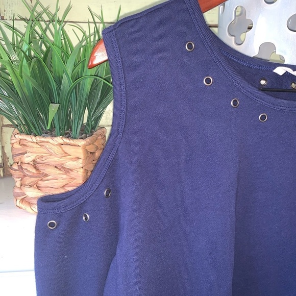 Soft Surroundings Navy French Terry Cotton Cold Shoulder Grommet Sweatshirt XL - Picture 3 of 10